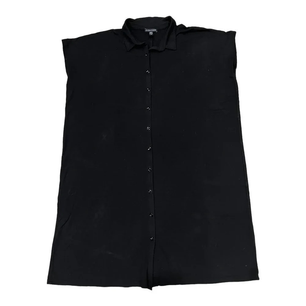 Eileen Fisher Button Front Collar Short Sleeve Black Dress Size